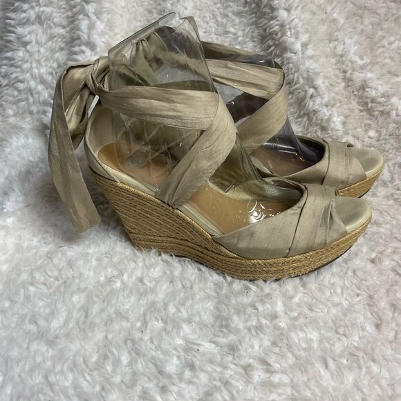 Ugg textile & leather khaki &beige espadrilles platform wedge sandals SZ12 - Picture 5 of 14
